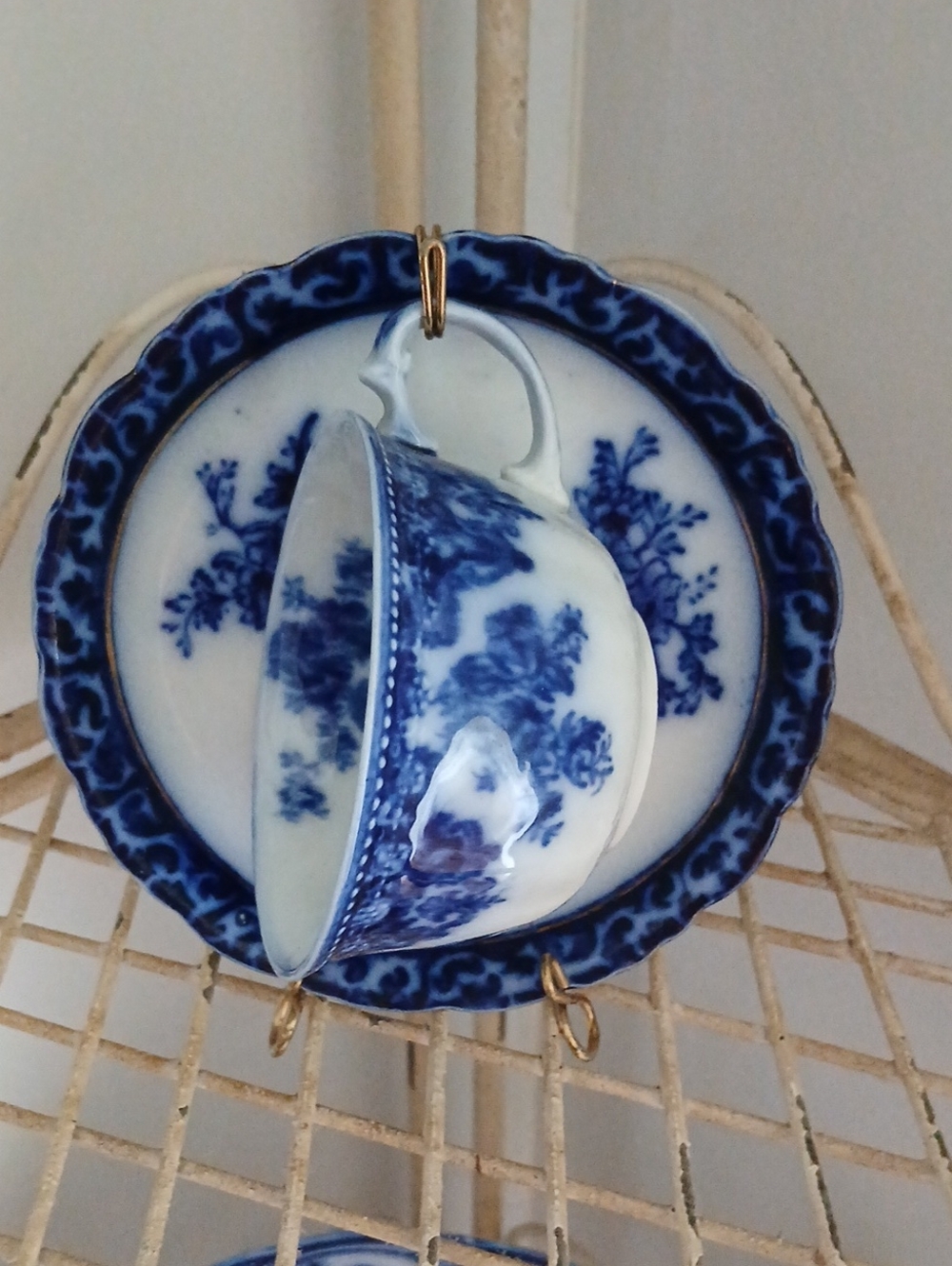 Blue and White Floral Teacup & Saucer Set Flow Blue